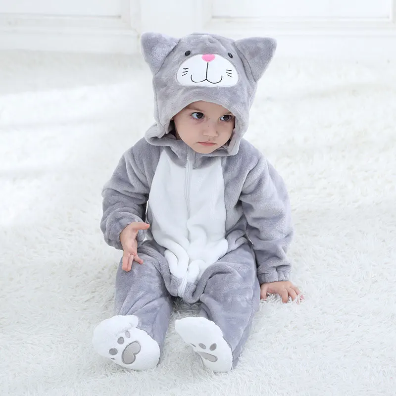 Детский комбинезончик с рисунком кота для мальчиков и девочек; Kawaii; комбинезон на молнии с капюшоном; Одежда для младенцев с рисунком животных; теплая мягкая одежда для младенцев