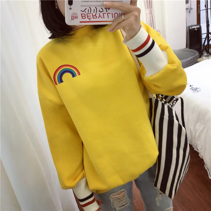 YouGeMan Осень Зима Кофты женские Толстовки корейский Ulzzang Harajuku Радуга полосатый бархат толстовка Девушка Пуловеры Топы