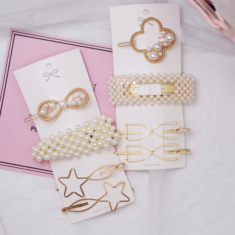4Pcs/set New Women Pearls Hairpins Headwear Set Girls Cute Star Bow Flower Metal Hair Clips Geometric Accessories Female |