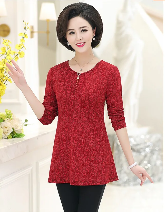 Spring New Middle-Aged Women Tops& Tees O-Neck Fashion Print Thickening Long T Shirt Women T363