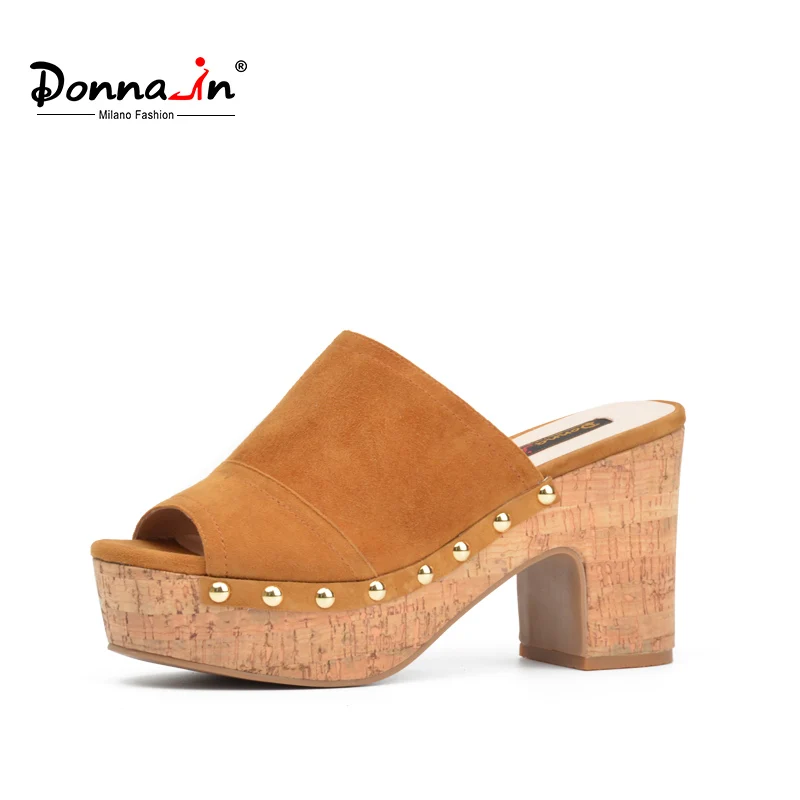 Donna-in summer new slides genuine leather women's shoes platform thick high heel sandals fashion rivet kid suede