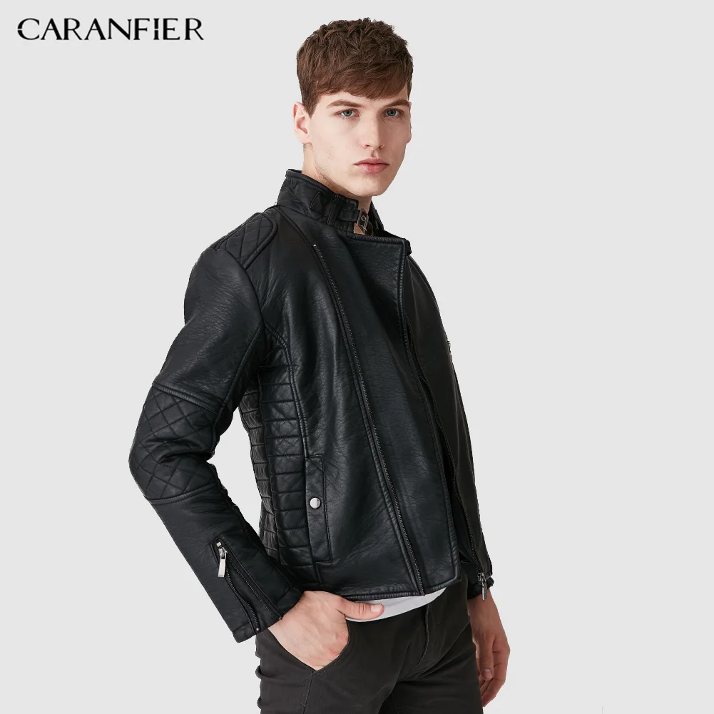 CARANFIER Мужская осенняя куртка из искусственной кожи приталенная мотоциклетная на