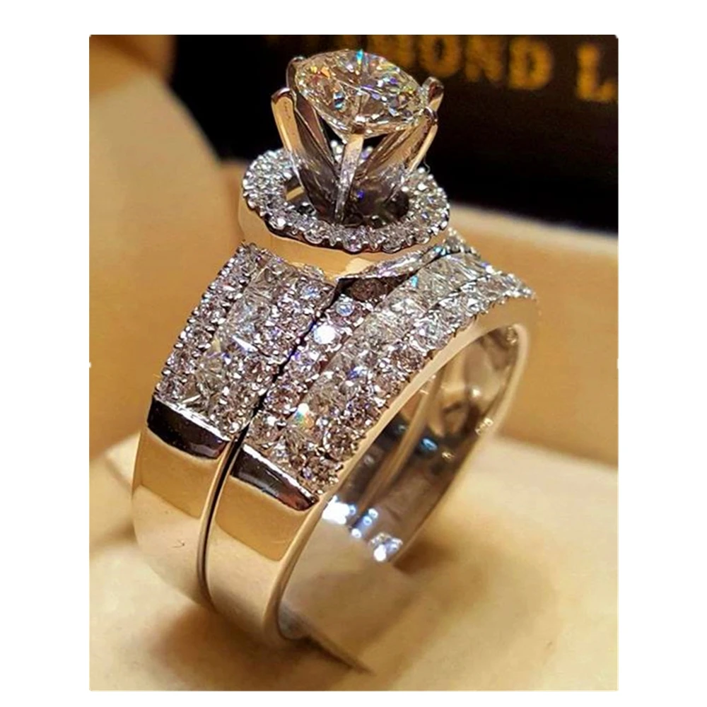 

Luxury Crystal Female Big Queen Ring Set Fashion Silver colour Bridal Wedding Rings For Women Promise Love Engagement Ring