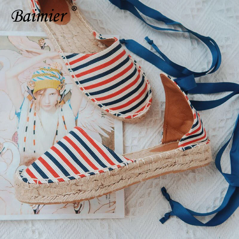Baimier/летние парусиновые эспадрильи Женские полосатые сандалии на плоской