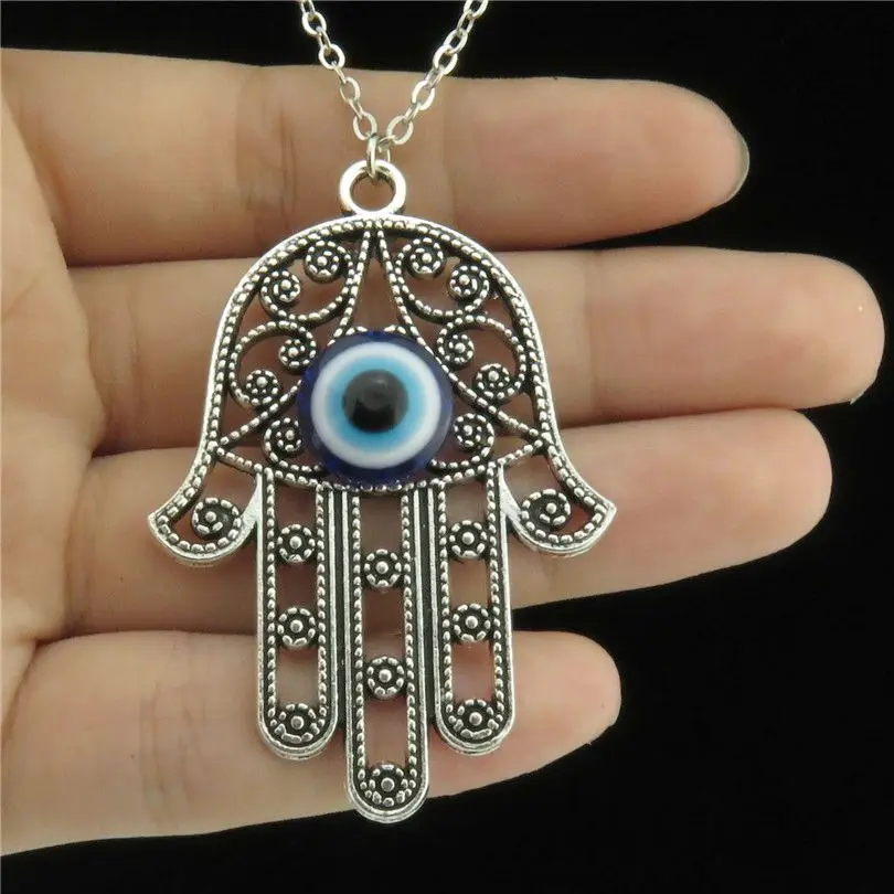 

Vintage Metal Turkish Blue Evil Eye Charms Hamsa Hand Pendant Women Necklaces Chain Collar Friend Gift Jewelry Wholesale Making