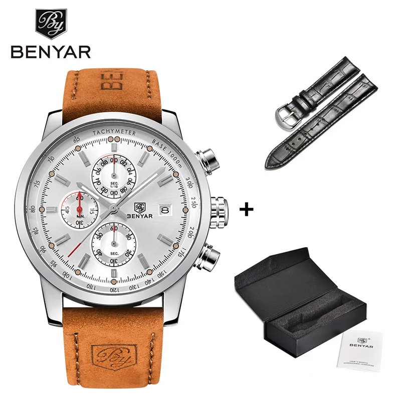 Silver White Наручные часы BENYAR, мужские часы, модный набор, кварцевые, Топ бренд, Роскошные, хронограф, кожа, спортивные часы, мужские часы, Relogio Masculino - Цвет: Silver White
