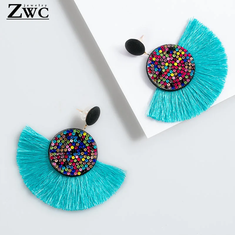 

ZWC Fashion Exaggerated Bohemian Statement Color Crystal Round Long Tassel Earrings for Women Big Fringed Drop Earrings Jewelry