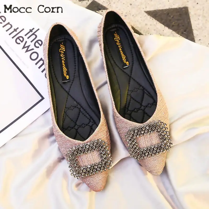 Women Rhinestone Buckle Flat Shoes Bling Glitter Crystal Loafers Slip On Pointed Toe Flats Casual Ladies Ballet Ballerina | Обувь