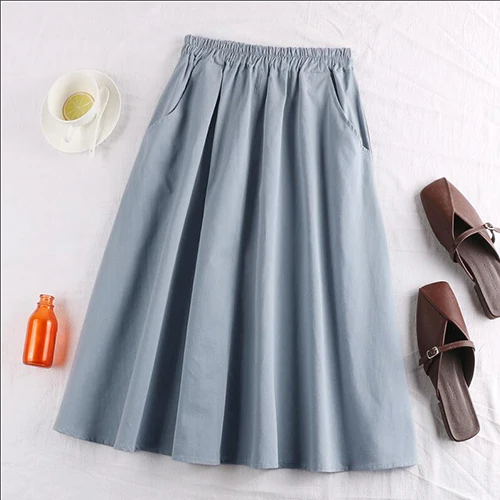 light blue Tigena карман хлопок миди юбка женская мода Лето Корейская Высокая талия до колен юбка женская школьная солнце юбка желтый - Цвет: light blue