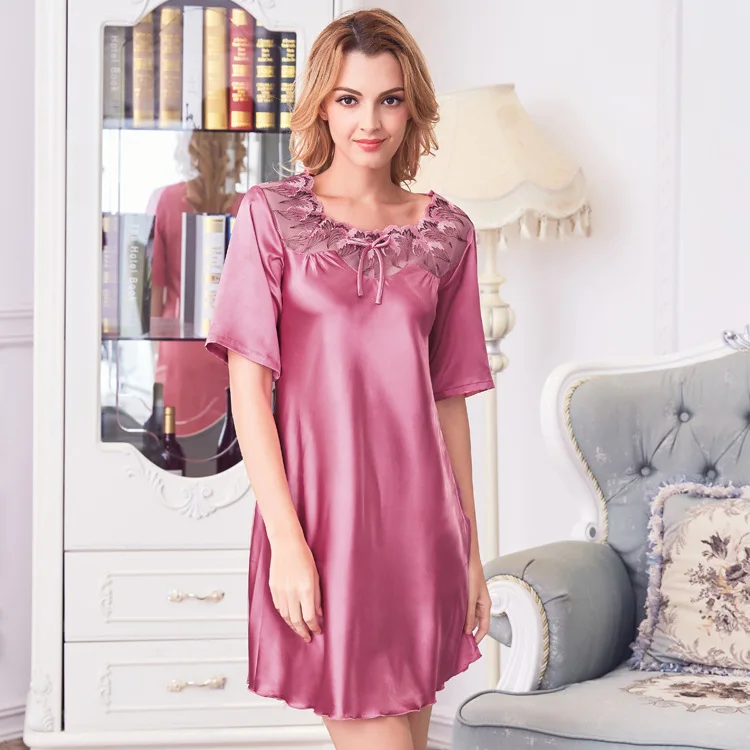 light Purple Новинка, женская сексуальная шелковая атласная ночная рубашка, весенне-летняя милая розовая ночная рубашка с круглым вырезом, ночная рубашка для женщин, ночная домашняя одежда - Цвет: light Purple