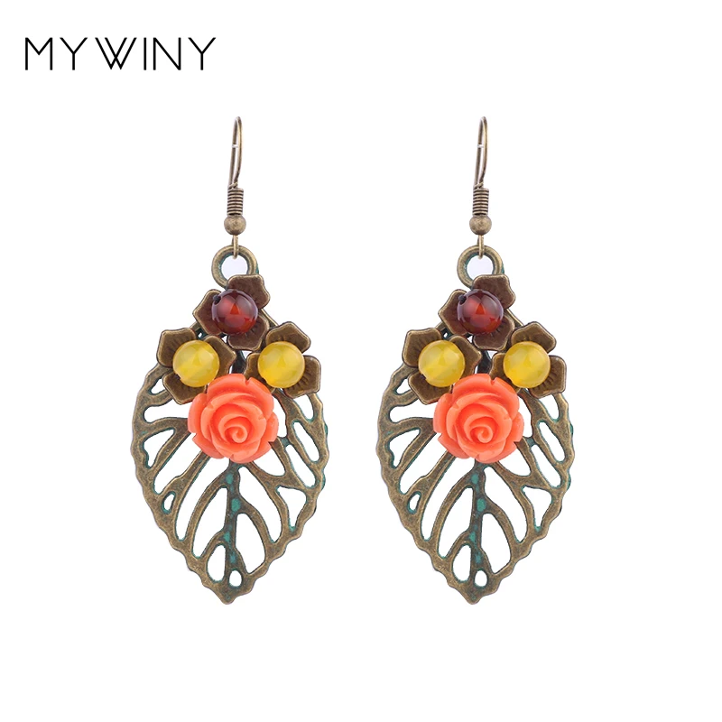 MYWINY винтажные этнические серьги с металлическими листьями для женщин зеленая