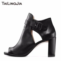 peep toe short boots ankle boots black block heel buckel summer boots sexy party dress boots cool high quality plus size ladies