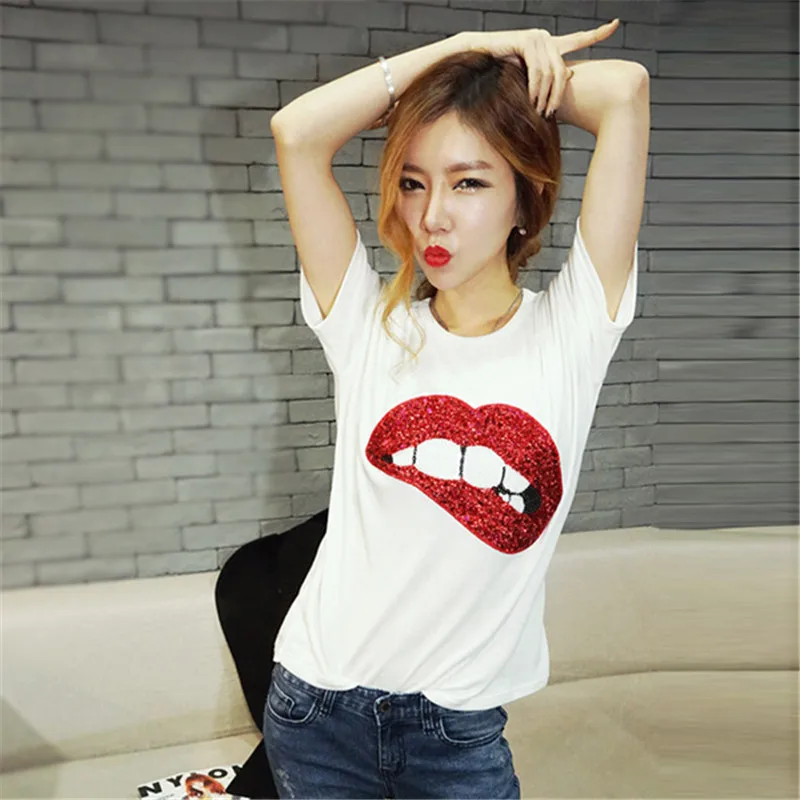 Женская футболка с принтом красных губ летняя свободная коротким рукавом в