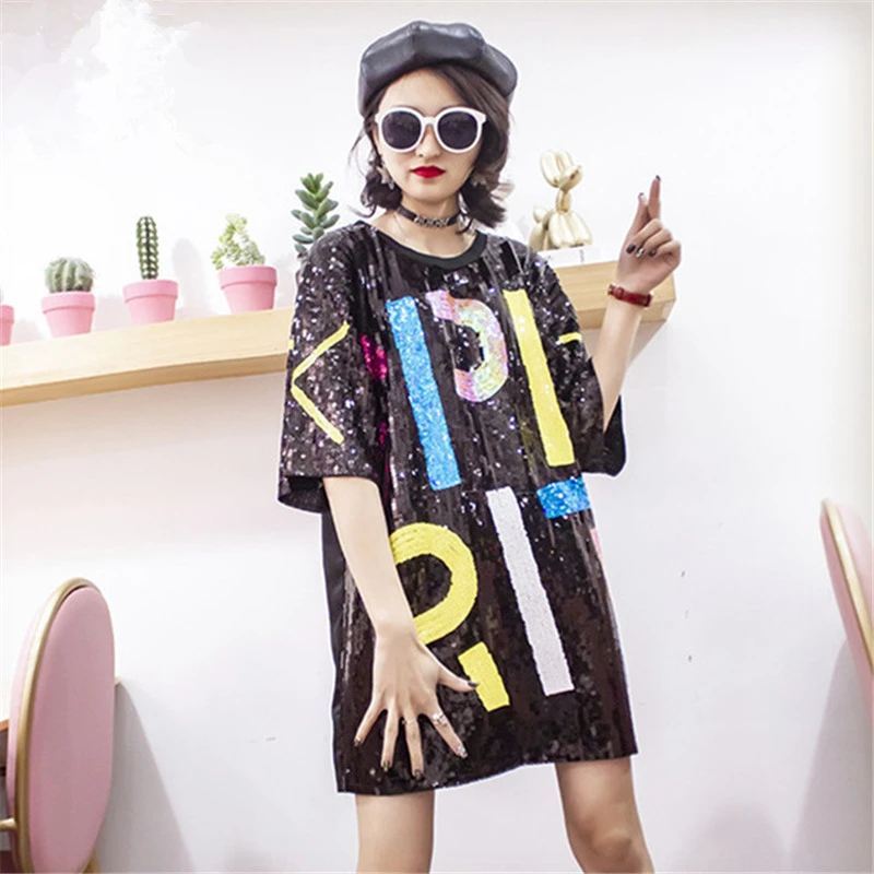 Мода лето 2019 блёстки хип хоп футболка Женская длинная с круглым вырезом Топы