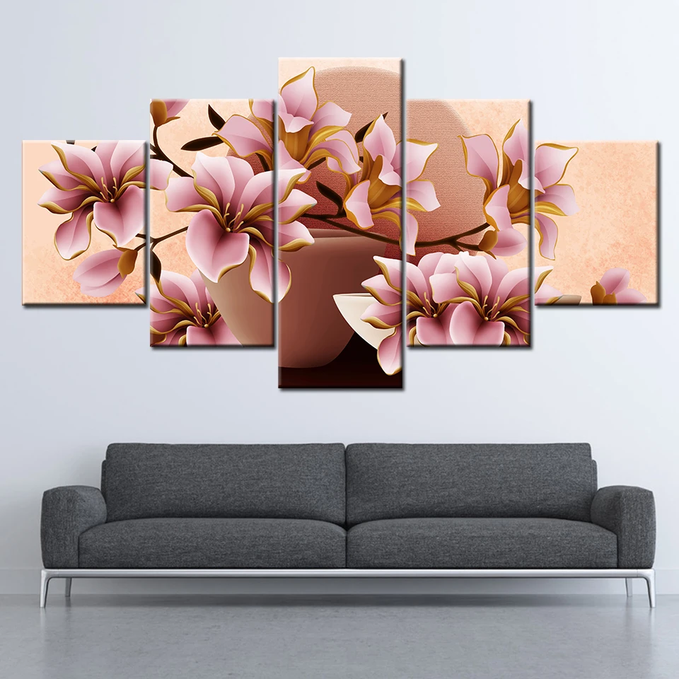 Картина на холсте HD розовая Магнолия цветы 5 шт. Настенная картина модульные обои