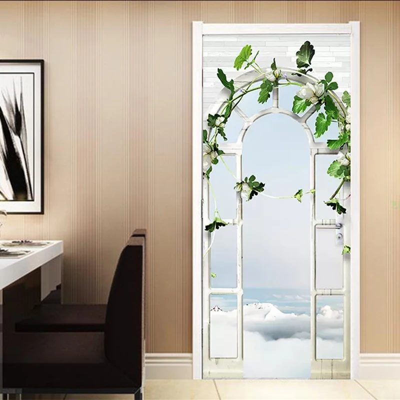 Self Adhesive Waterproof Flower Leaves 3D Door Stickers Canvas Home Decor Renew PVC Mural Paper Print Art Pictures For Bedroom
