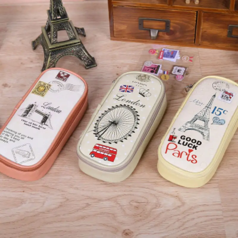 Пенал из ПУ кожи мультяшный милый чехол для карандашей с Парижской башней