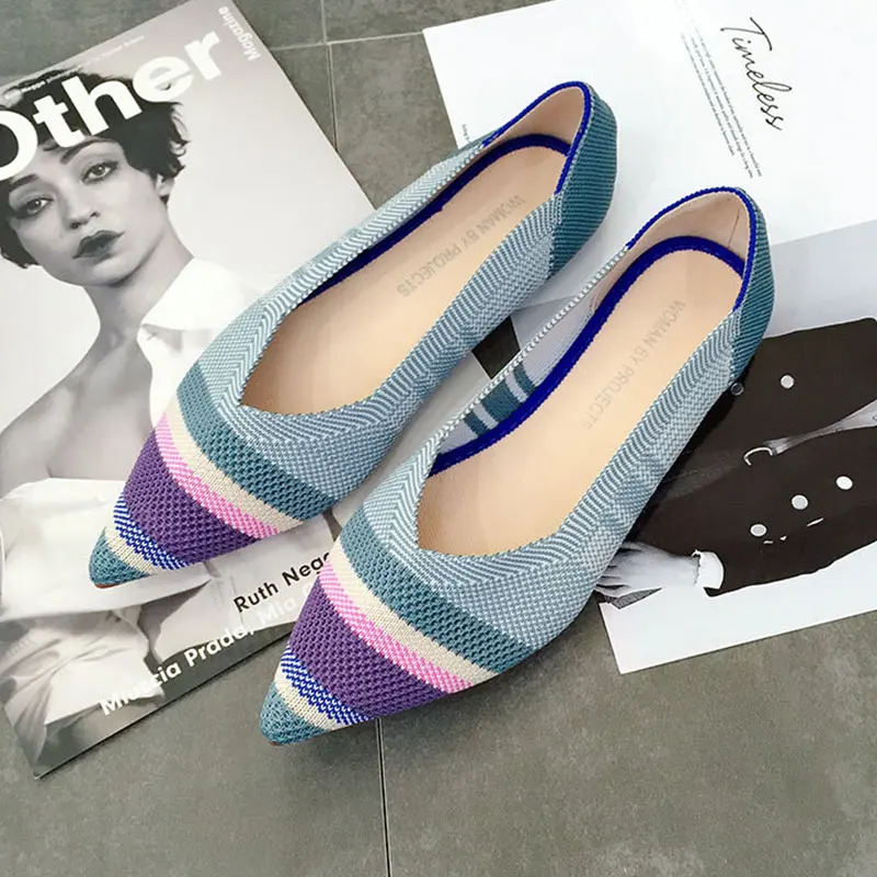 5008-2Blue GENSHUO; Летняя женская обувь; дышащая обувь на мягкой подошве с леопардовым принтом; камуфляжная трикотажная обувь на плоской подошве; туфли на плоской подошве с острым закрытым носком - Цвет: 5008-2Blue