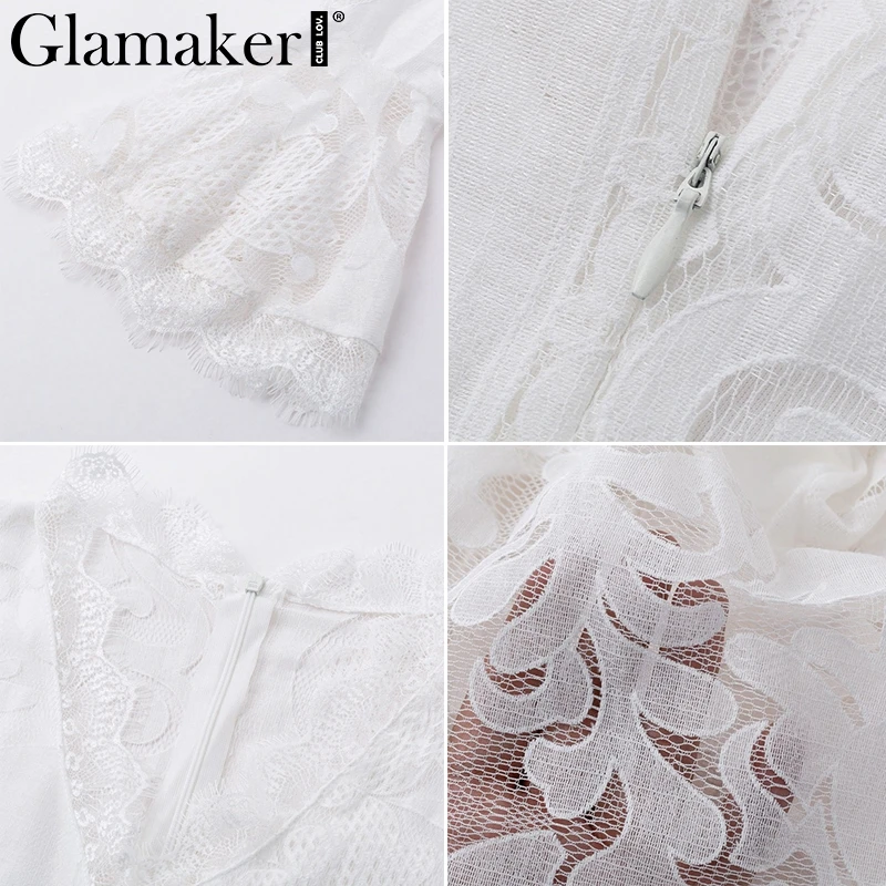 Женское кружевное платье Glamaker белое с коротким рукавом и треугольным