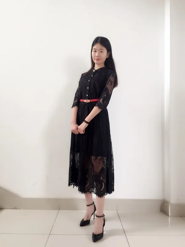 New Dress 2017 Весенняя Мода Выдалбливают Элегантный Белый Черное Кружево Партия