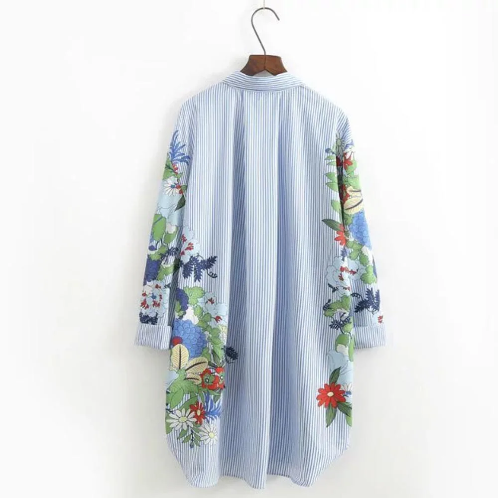 Oversized Vintage Striped Floral Turn-down Collar Long Shirt 3/4 Sleeve Women Loose Blouse Side Split Tops Brand Streetwear | Женская