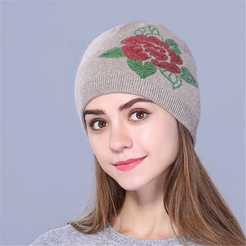 

Xthree Female Cashmere winter hat knitted Skullies Beanies hat for women wool embroidery flower hat girls gorros