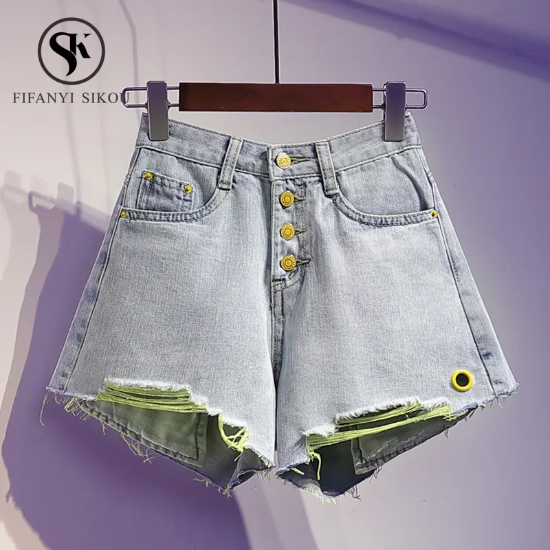 Женские джинсовые шорты с высокой талией свободные винтажные широкими штанинами