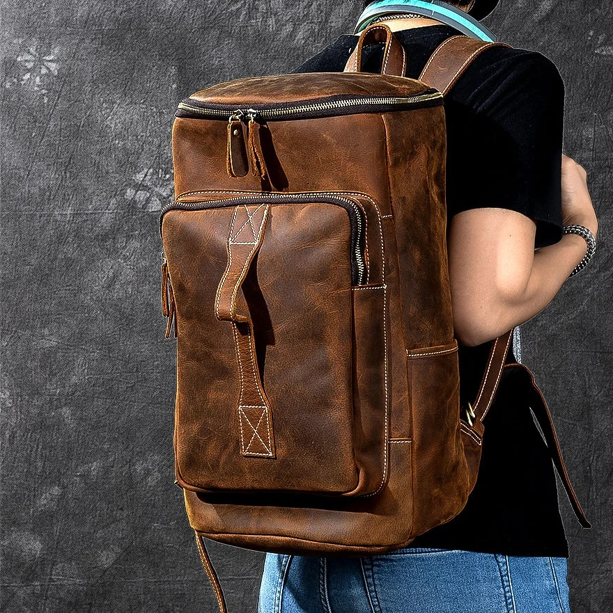 

Top Crazy Horse Cowhide Genuine Leather Knapsack Male Computer bucket School Bags Vintage 100% Leather Rucksack Men Backpack