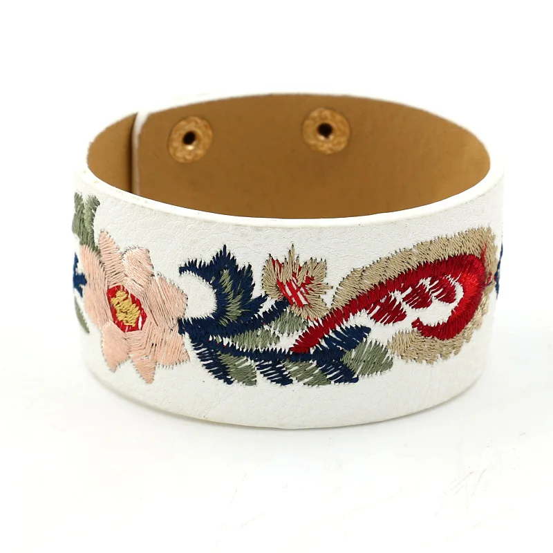 Heeda Japan Korean Spring New Joker Bangle Embroidery Flower Wide PU Leather Bracelet Women Graceful 2019 Bohemia Boho Jewelry | Украшения