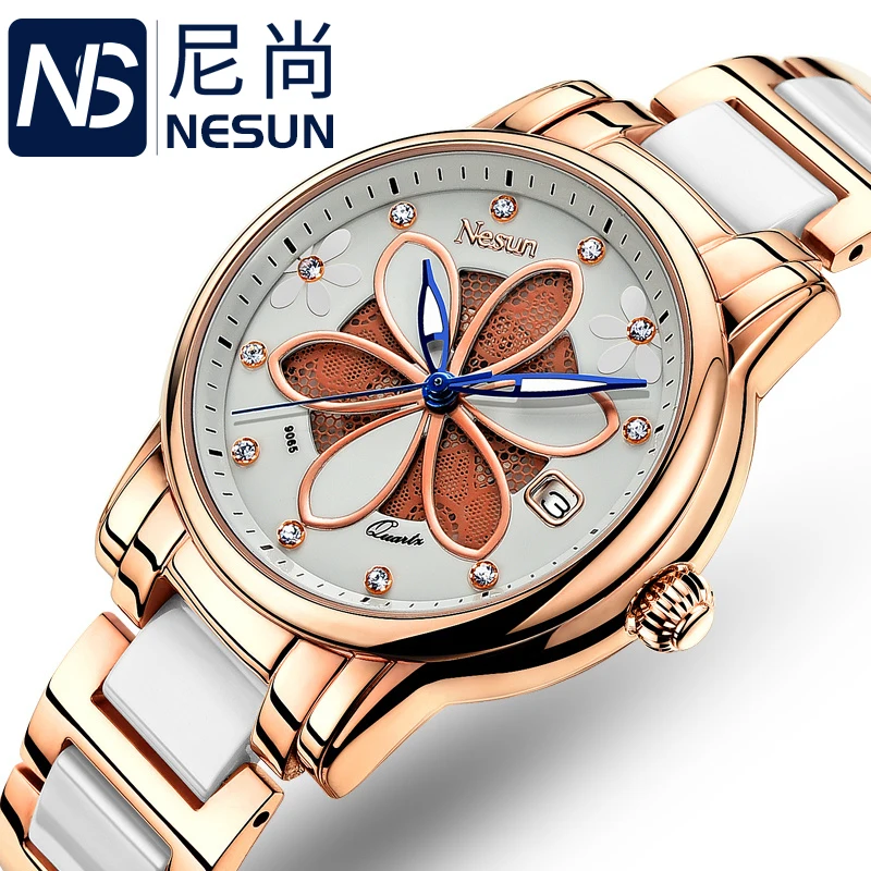 Enlarge New Switzerland Nesun Women's Watches Luxury Brand Quartz Watch Women Six-leaf grass design Clock Diamond Wristwatches N9065-1