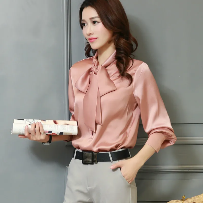 

Women's Bow Collar OL Faux Silk Shirts Solid Color Satin Lace Up Blouses Long-sleeved Tops Chiffon Blouse Blusas Mujer 2019