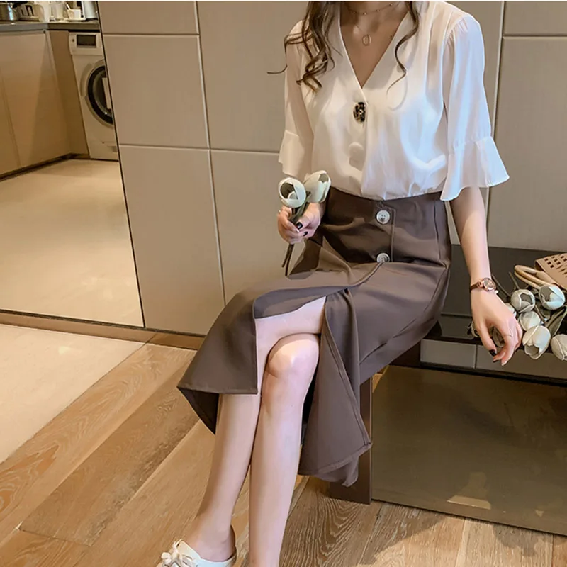 Шифоновая женская блузка летняя рубашка новинка 2019 свободная с V-образным