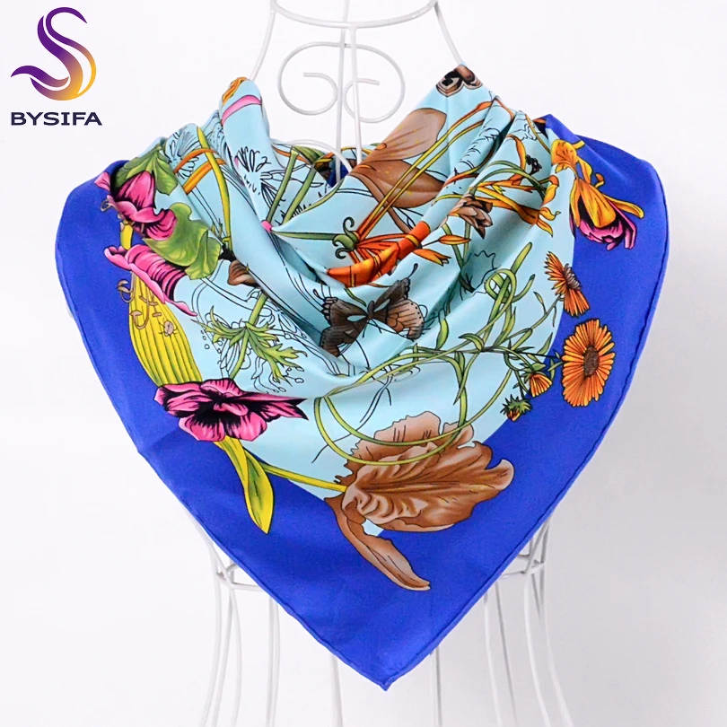 [BYSIFA] синий зеленый шелковый шарф Новый китайский стиль цветочный дизайн