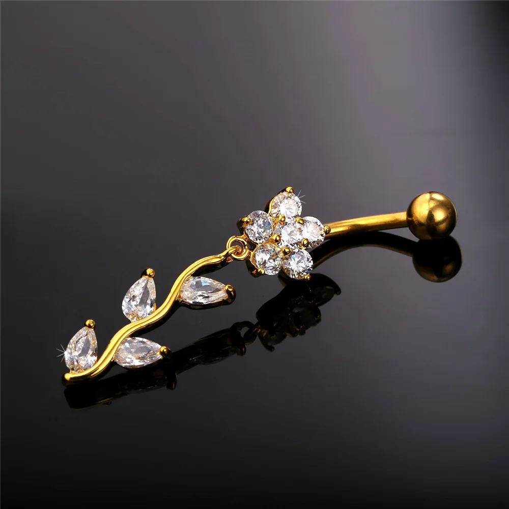 U7 New Crystal Flower Belly Button Ring For Women Body Jewelry Gold Color Party Long Navel Wholesale DB005 |