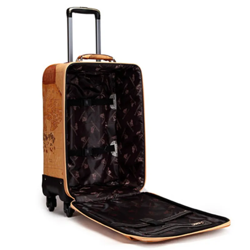 

1pc 16 18 20 inch Map Printing Suitcase on Wheels Leather Travel Bag Trolley Board Chassis World Map luggage