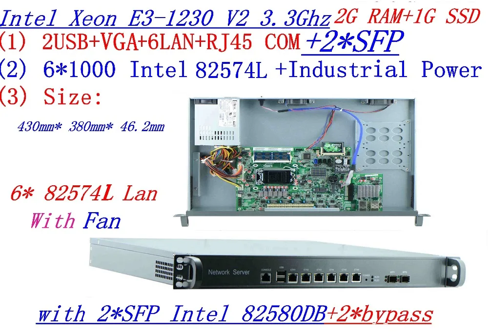 

1U Firewall Intel Quad Core Xeon E3-1230 V2 3.3G with 8 Ports 6*1000M 82574L Gigabit Nic 2* SFP 2G RAM 1G CF