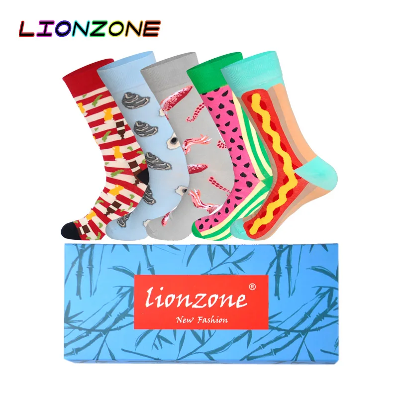 Носки LIONZONE мужские забавные 5 пар/лот с принтом фруктов еды рыбы креветки вишни