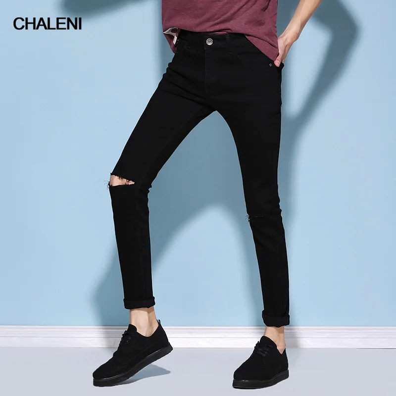 Fashion Style Elastic Hole Casual Solid Color Jeans Slim Middle Waist Full Length Pencil Pants QC-A101-809 | Мужская одежда
