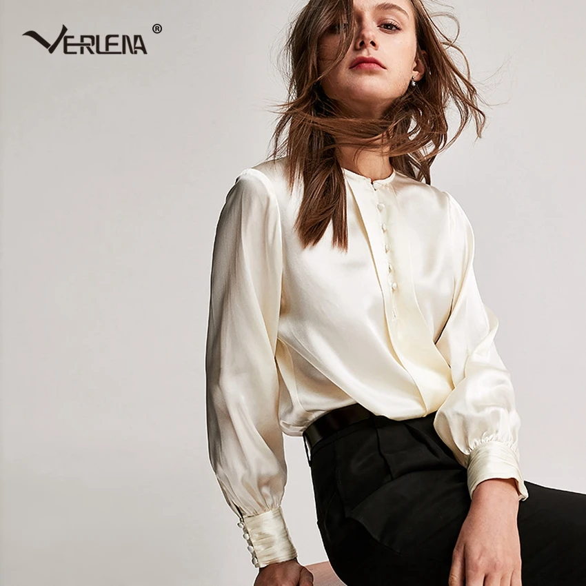 Verlena 2019 модная блестящая Элегантная блузка из 100% шелка женские топы с длинным