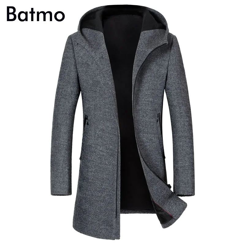 

BATMO 2019 new arrival autumn&winter high quality wool hooded black trench coat men,men's wool jackets,winter coat 1812