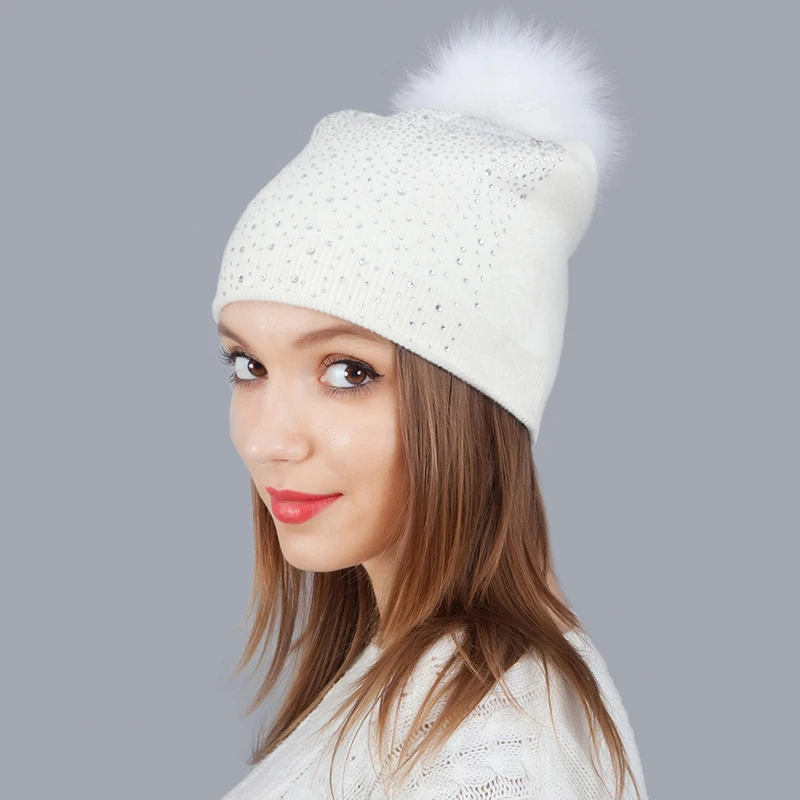 Белый норковый мех шапки с помпонами Hat Женская шерстяная шапка для девочек