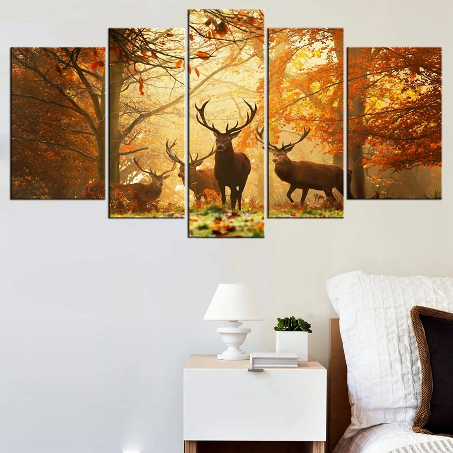 Олень в осенний лес Картина Холст принт животное плакат Гостиная Wall Art для