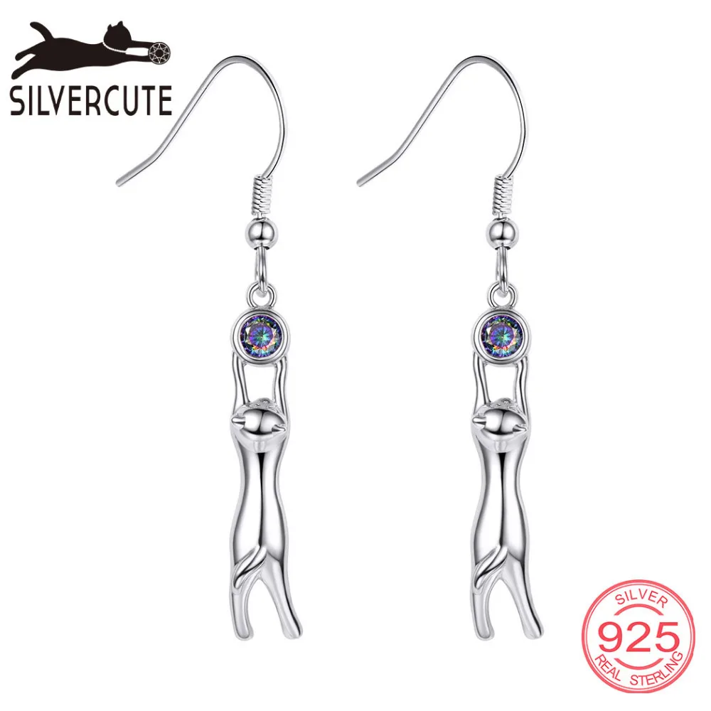 Silvercute Радуга Топаз кошка Висячие серьги 100% Настоящее серебро 925 Серьга с котенком