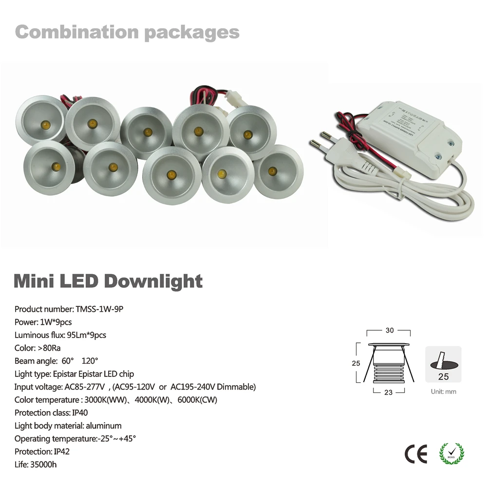 1 Вт 60D/120D светодиодный мини-прожектор DIY шкаф шоу корпус потолочный светильник AC85-277V вход затемнения 25 мм вырез светильник 9 шт./компл