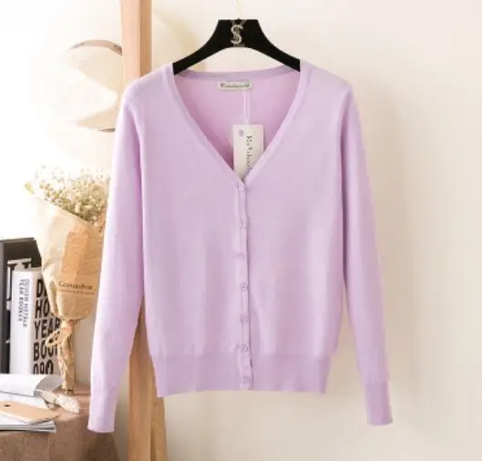 Baharcelin 4XL 5XL, большой размер, Женский Осенний вязаный кардиган для девочек, длинный рукав, вязаные свитера, v-образный вырез, базовый кардиган, топы, джемпер - Цвет: light purple