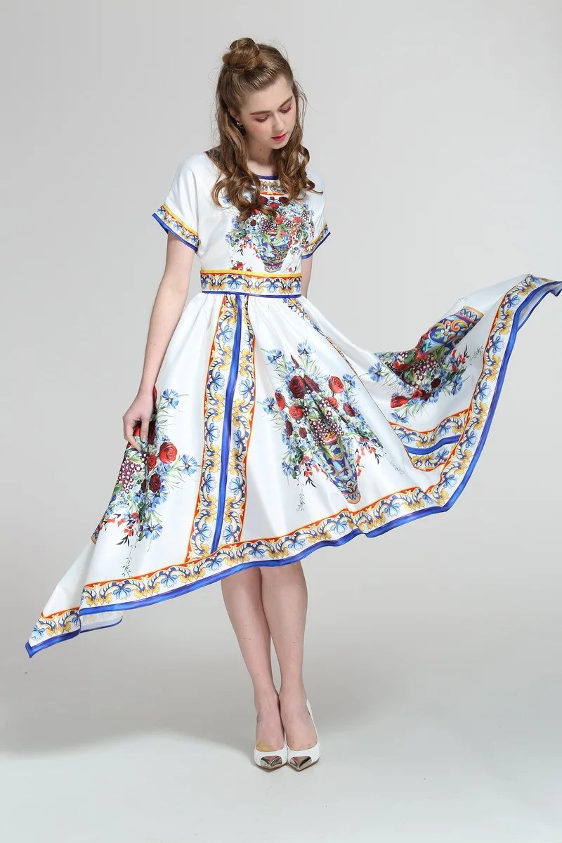 2017 Весна Лето Мода Неделю Шоу Взлетно Посадочной Полосы Дизайнер Dress Цветы Печати