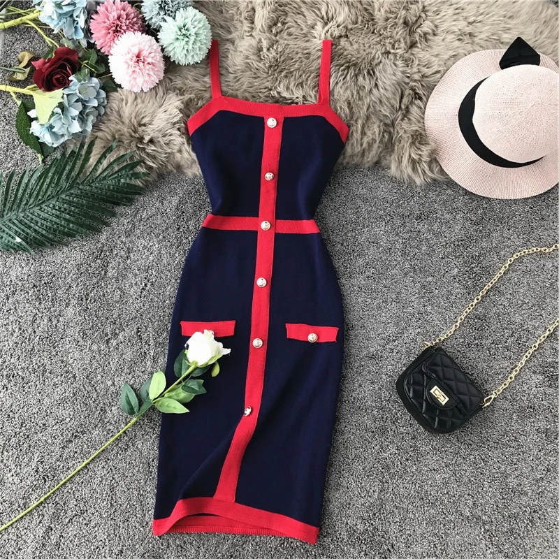 Синий ALPHALMODA облегающее трикотажное платье на бретелях в цветную полоску, однобортное, на пуговицах, женские вечерние, сексуальные, облегающее, вязаное платье - Цвет: Синий