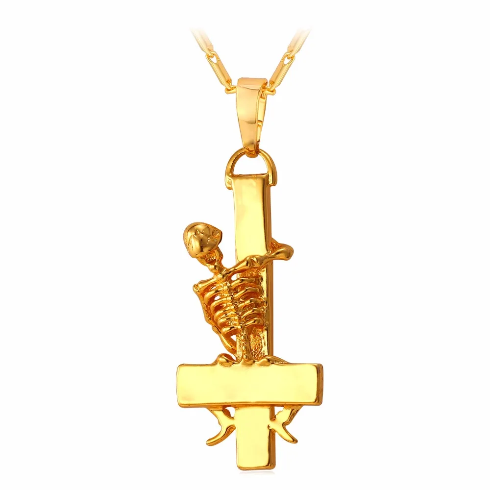 

U7 Inverted St. Peter Cross Necklace & Pendant Gold Color Skull Gothic Occult Satanic Men Jewelry Devil Upside Down Cross P823