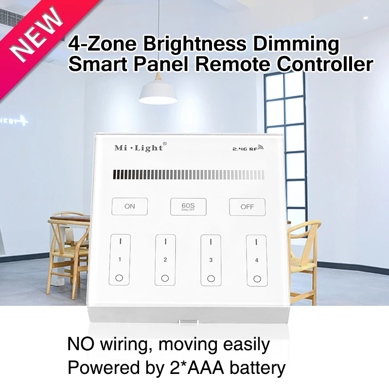 

B1; 4-Zone Brightness Dimming Smart Panel Remote Controller;input Voltage: 3V(2*AAA Battery)(we do not provide the battery)