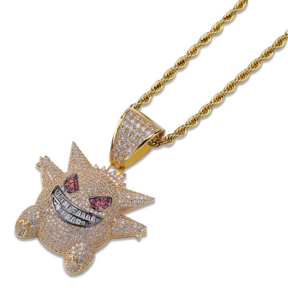 gold Маска Gengar ожерелье подвеска с покемоном ожерелье полный кристалл Bling цепи ожерелье для женщин мужчин хип хоп ювелирные изделия Прямая поставка - Окраска металла: gold